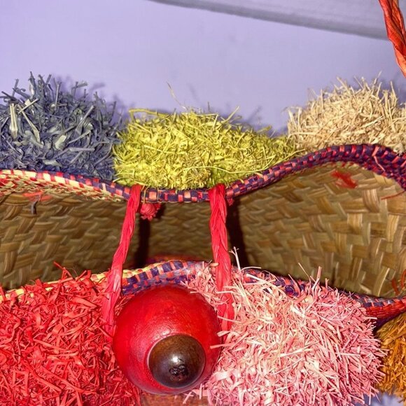 POM POM Mini Crossbody Straw Bucket Back Colorful Fun 5.75 x  5 inches - Picture 9 of 10